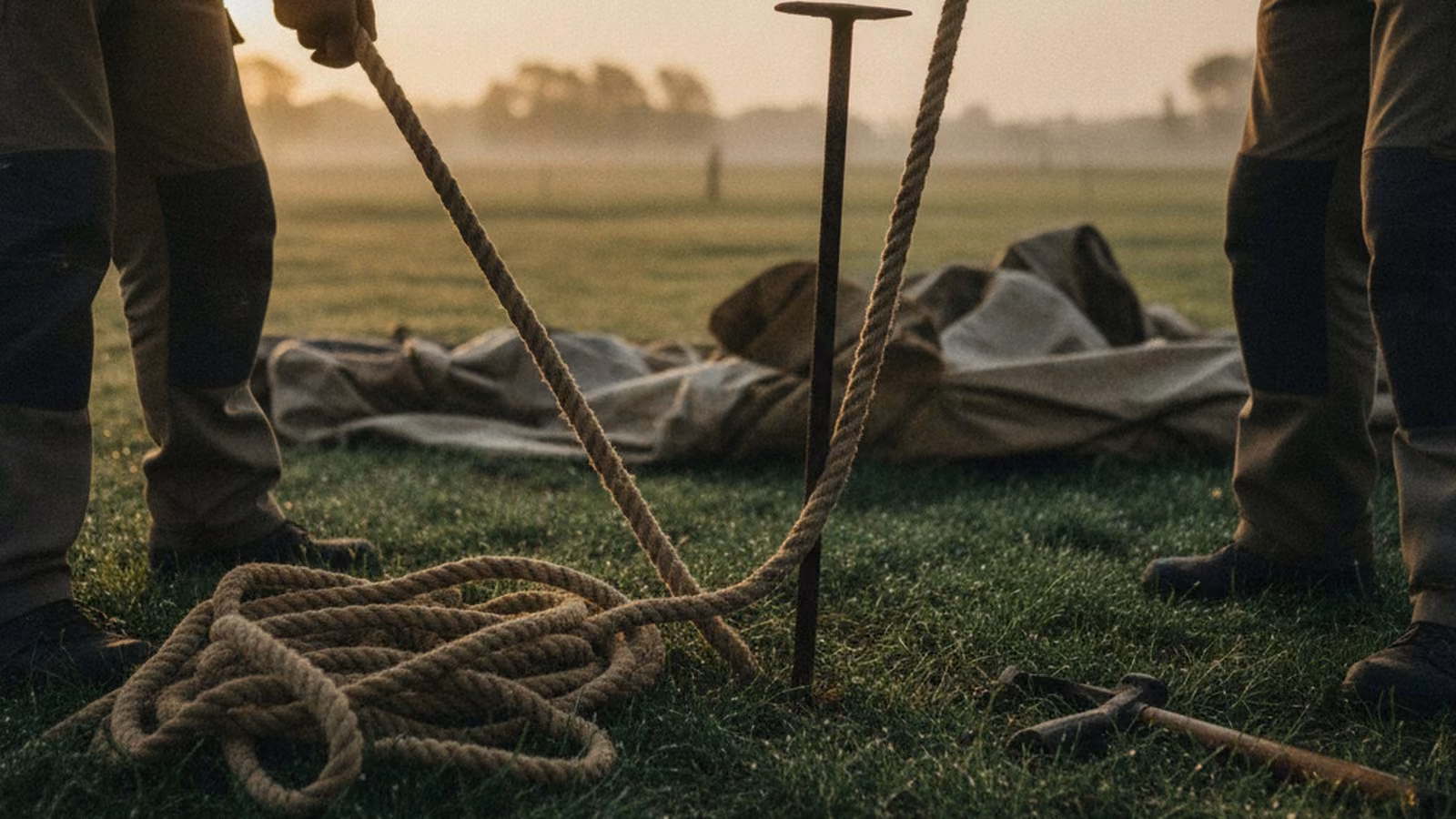 Hands driving a steel anchor stake into grass beside a taut guy rope
